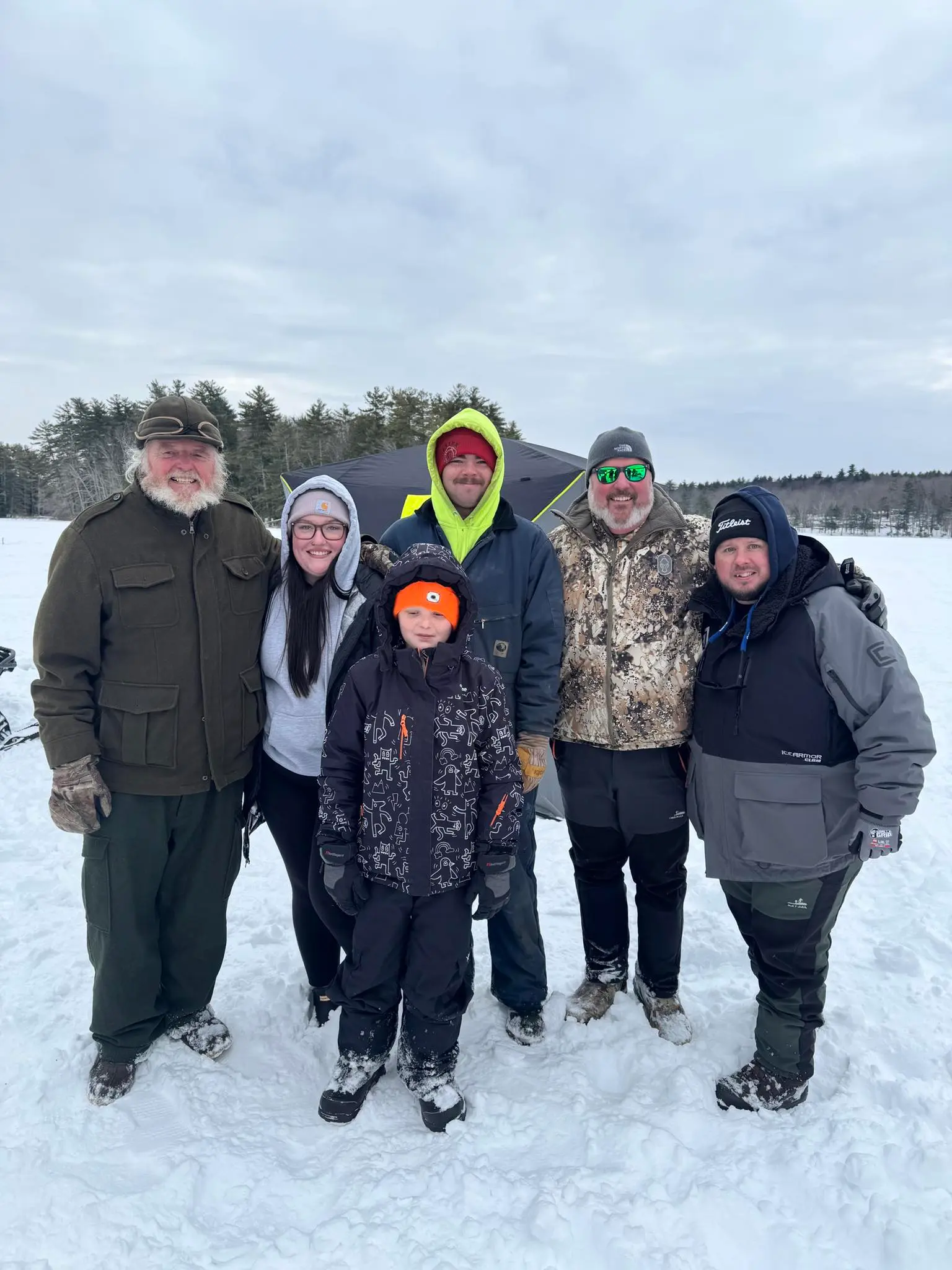 Fishing for Freedom group photo: veterans and families at ice fishing outing